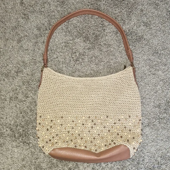 The Sak Woven Bohemian Hobo Bag-Faux Leather-Wooden Beaded-Tan/Brown-Medium - Picture 1 of 8